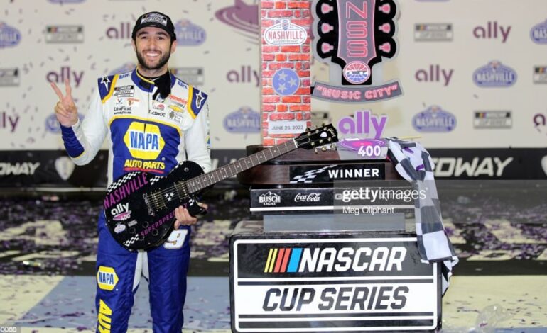 LEBANON, TENNESSEE - JUNE 26: Chase Elliott, driver of the #9 NAPA Auto Parts Chevrolet, celebrates in victory lane after winning the NASCAR Cup Series Ally 400 at Nashville Superspeedway on June 26, 2022 in Lebanon, Tennessee. (Photo by Meg Oliphant/Getty Images)