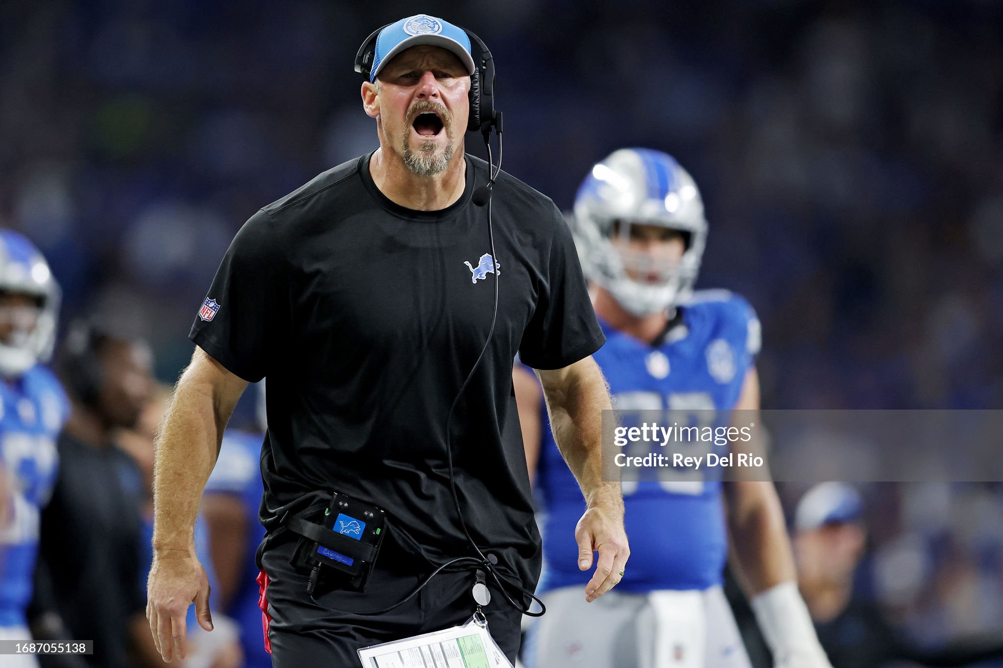 Jared Goff of the Detroit Lions celebrates after David Montgomery News  Photo - Getty Images