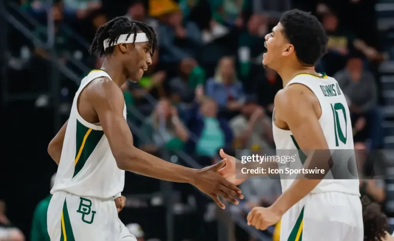 Baylor Bears guard Ja'Kobe Walter (4) celebrates with Baylor Bears guard RayJ Dennis (10) during the Big 12 college basketball game between Baylor Bears and Texas Tech Red Raiders on February 6, 2024, at Foster Pavilion in Waco, Texas. (Photo by David Buono/Icon Sportswire via Getty Images)