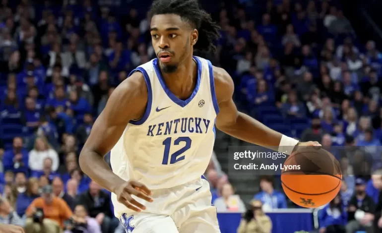Antonio Reeves #12 of the Kentucky Wildcats against the Stonehill Skyhawks at Rupp Arena on November 17, 2023 in Lexington, Kentucky. (Photo by Andy Lyons/Getty Images)