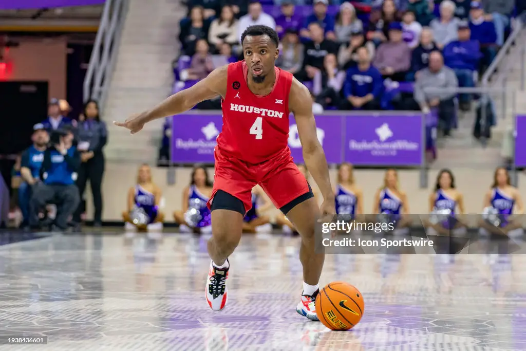 Big 12 Houston Cougars guard L.J. Cryer (4) runs a play during a college basketball game between the Houston Cougars and the TCU Horned Frogs on January 13th, 2024 at Ed & Rae Schollmaier Arena in Fort Worth, TX. (Photo by Chris Leduc/Icon Sportswire via Getty Images)